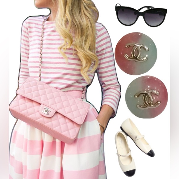 CHANEL ð CoCo Mark Resin Stud Earrings Silver CC Round Pink Vintage 99 P ð - Picture 2 of 16